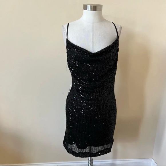 New! Bardot Black Spaghetti Strap Sequin Mini Dress nwt 26203 - Picture 3 of 10